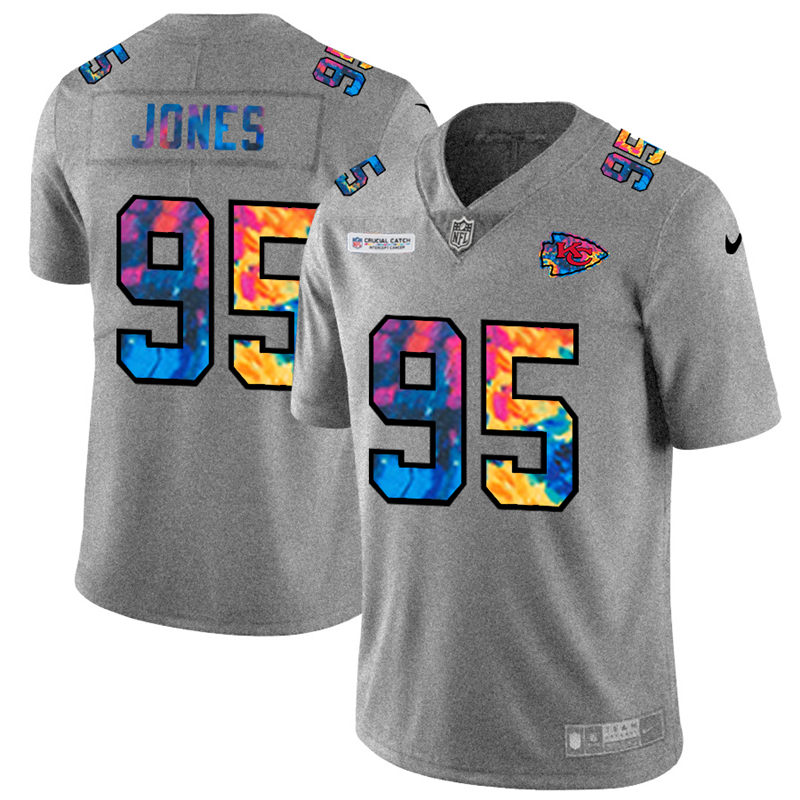 NFL Kansas City Chiefs #95 Chris Jones Men Nike MultiColor 2020  Crucial Catch  Jersey Grey